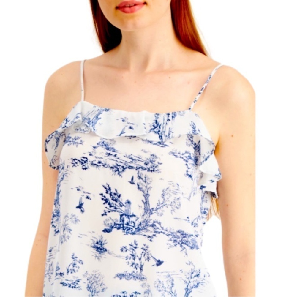 PHILOSOPHY Ruffled Camisole Spaghetti Strap Toile Printed White Blue Women's XS